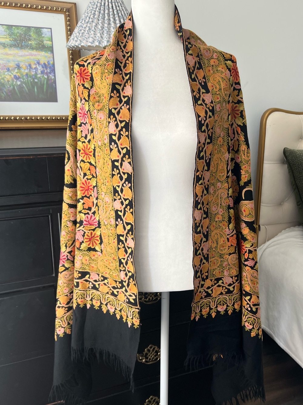 Hand Embroidered Shawl 100% Wool OS